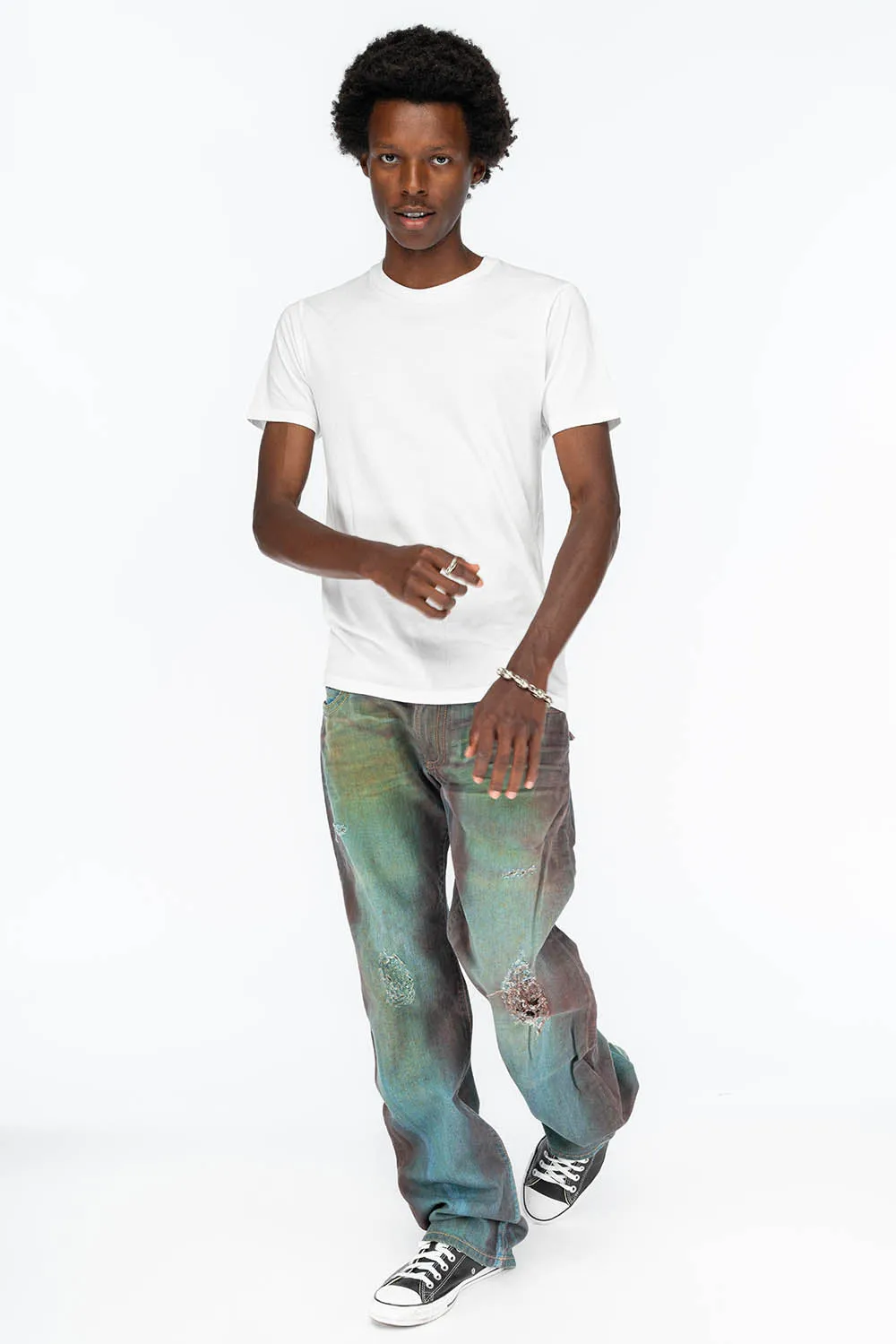 LONG FLAP STRAIGHT LEG JEANS WITH EMBROIDERY AND CRYSTALS  RUSTY BROKEN WASH