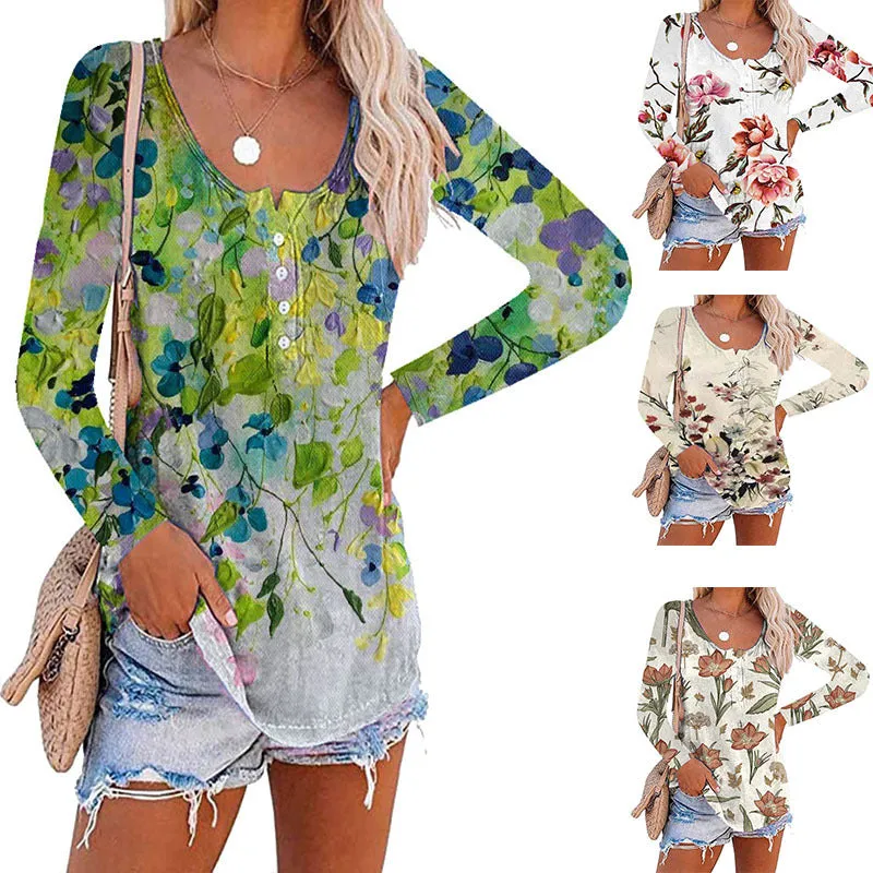 Long sleeve printed round neck button pullover T-shirt top