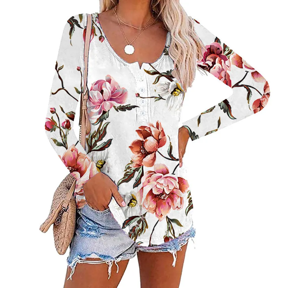 Long sleeve printed round neck button pullover T-shirt top