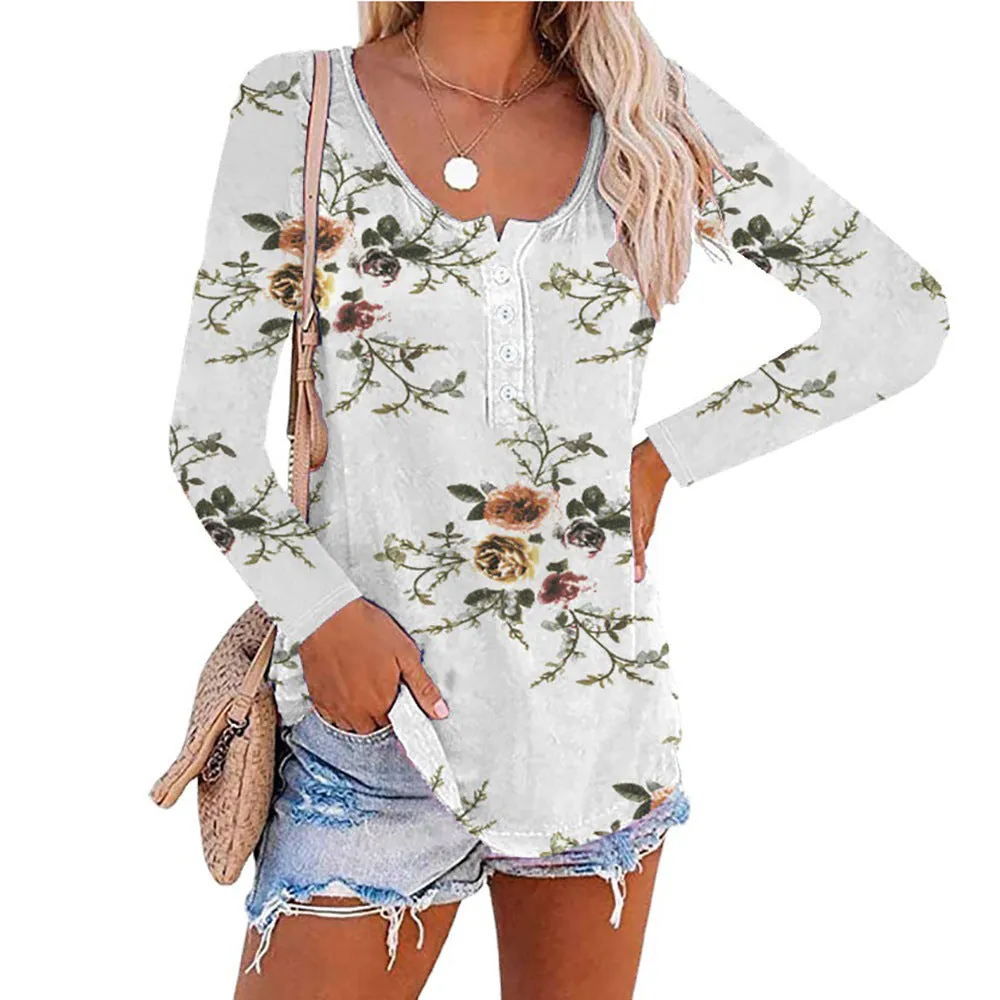 Long sleeve printed round neck button pullover T-shirt top