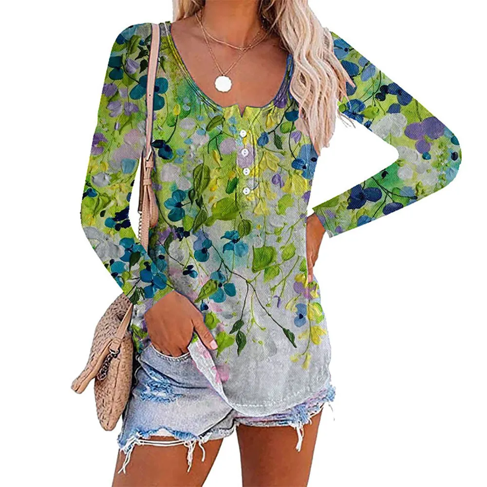 Long sleeve printed round neck button pullover T-shirt top