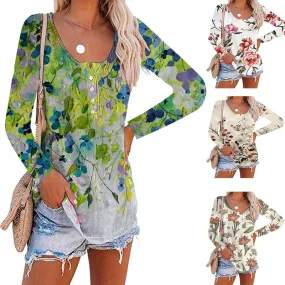 Long sleeve printed round neck button pullover T-shirt top