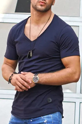 Longline T-Shirt V-Neck Navy 7102
