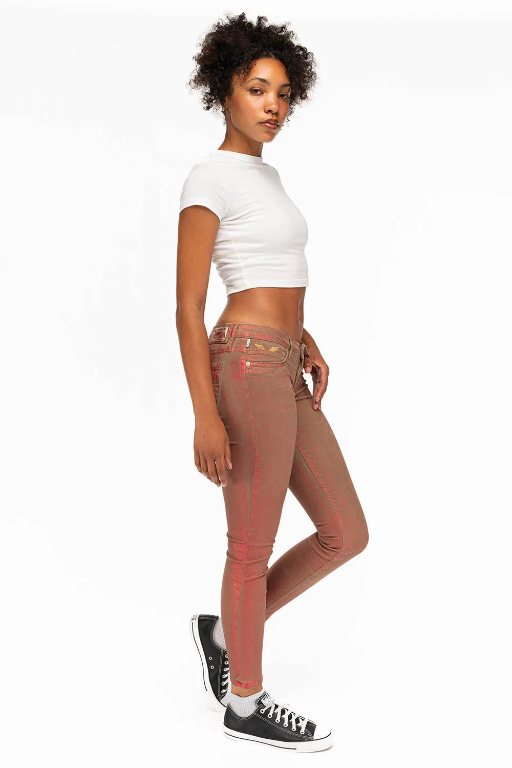 MARILYN WOMENS SKINNY JEANS IN KHAKI RED FOIL