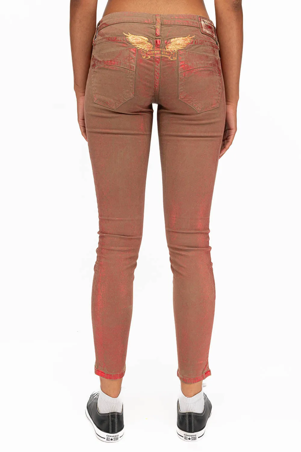MARILYN WOMENS SKINNY JEANS IN KHAKI RED FOIL
