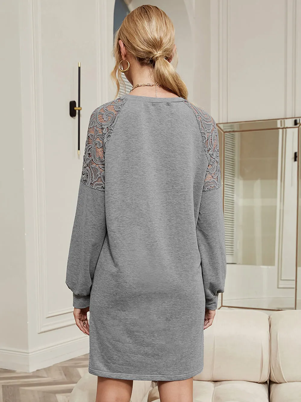 MECALA Women's Above-the-Knee Dress Hollowed Lace Drop Shoulder Long Sleeve Pullover Sweatshirt Dress