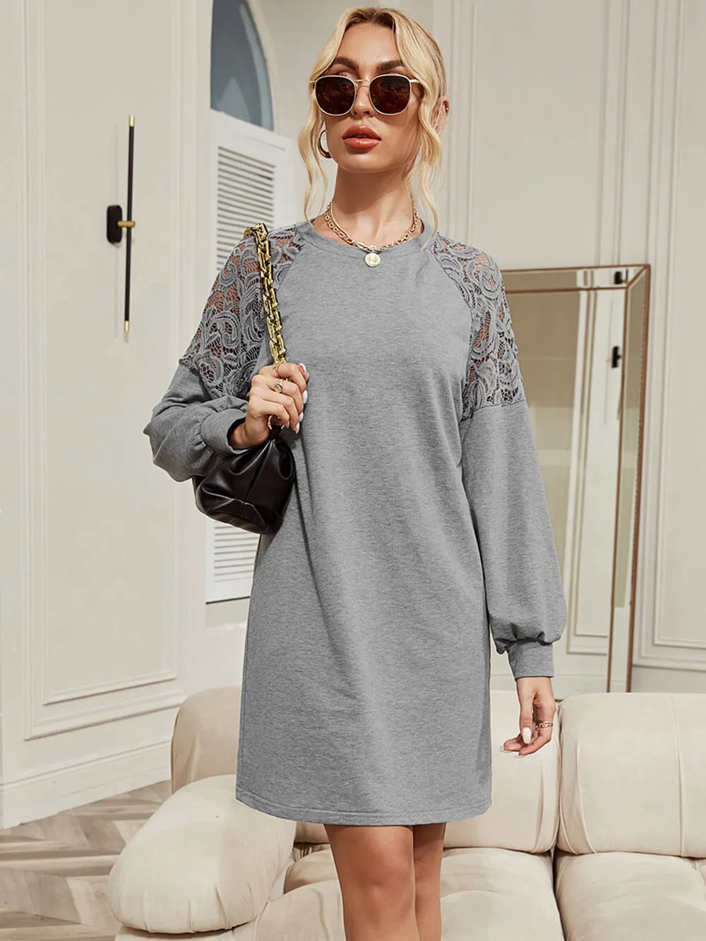 MECALA Women's Above-the-Knee Dress Hollowed Lace Drop Shoulder Long Sleeve Pullover Sweatshirt Dress