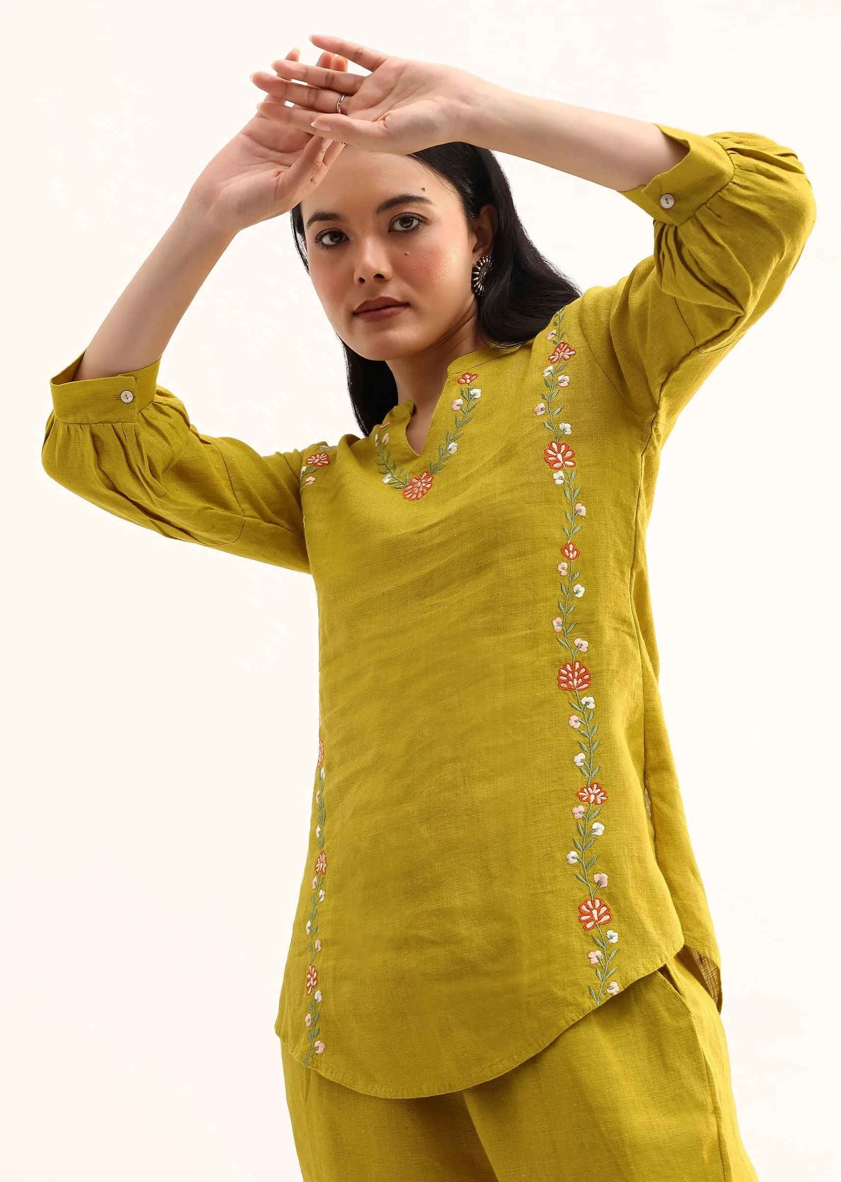 Mehendi Green Linen Co ord Set With Resham Work