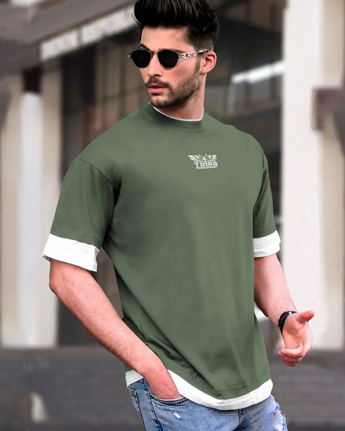 Men Drop Shoulder Olivegreen-White T-shirt