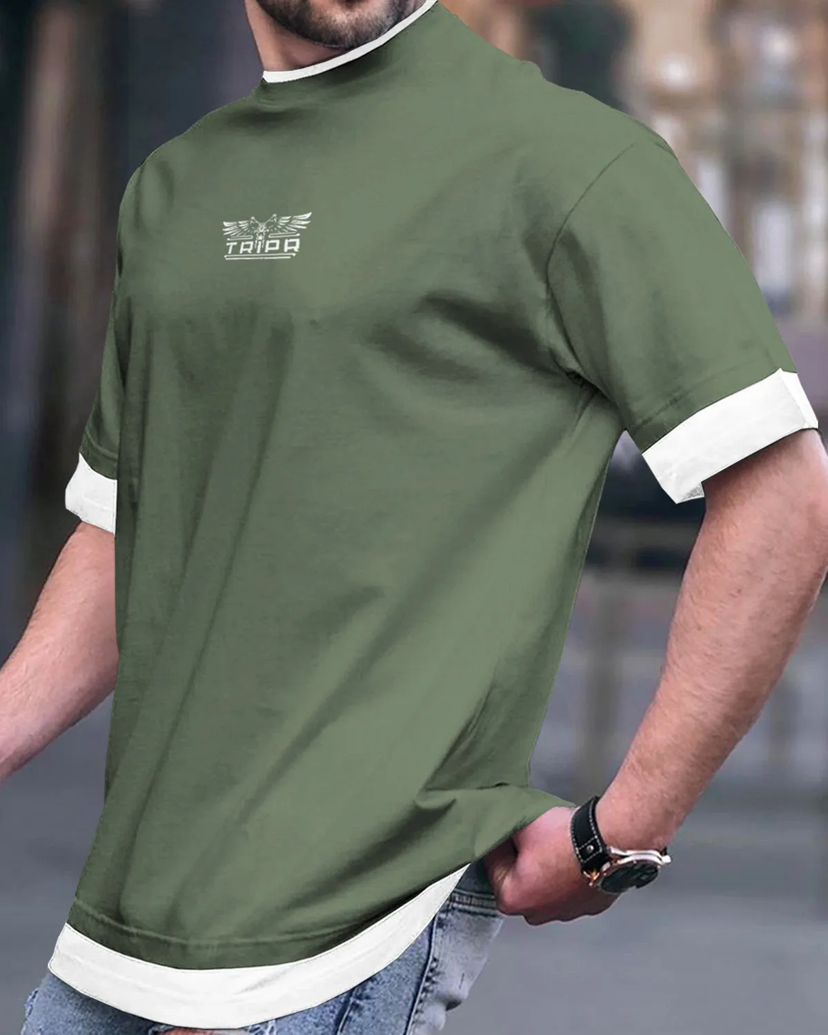 Men Drop Shoulder Olivegreen-White T-shirt