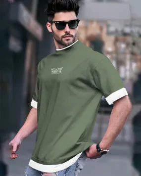 Men Drop Shoulder Olivegreen-White T-shirt