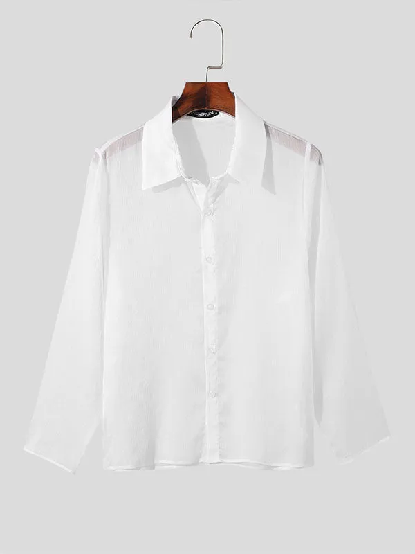 Mens Chiffon Pleated Sheer Long Sleeve Shirt SKUK64523