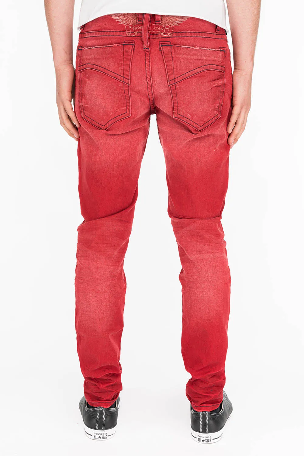 MEN'S SKINNY JEANS IN F-ED UP RED WITH EMBROIDERY