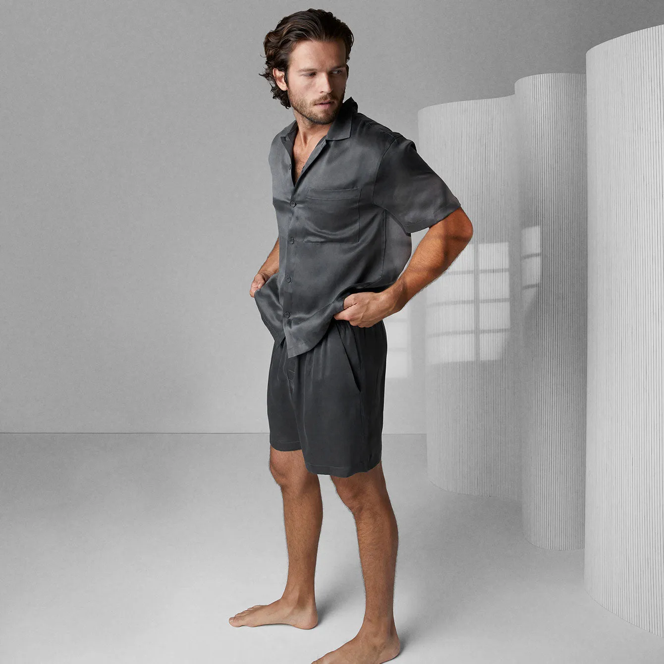 Men's Washable Silk Button Up Short Set