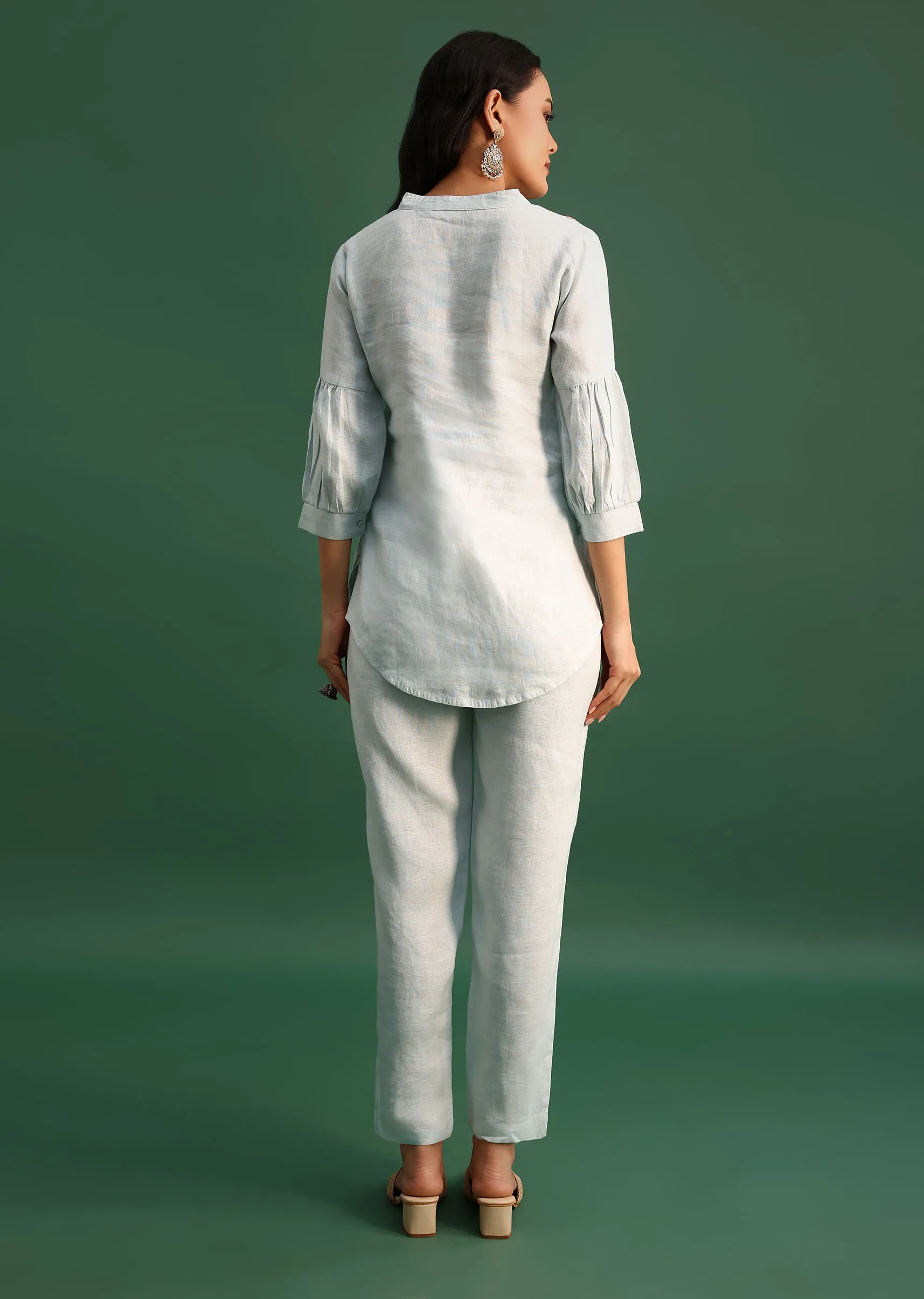 Mint Blue Linen Co ord Set With Resham Work