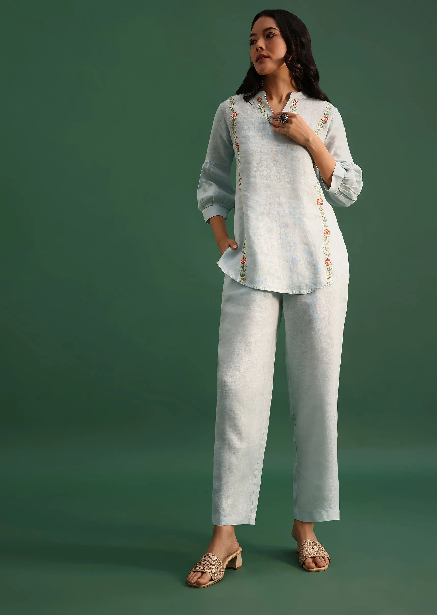 Mint Blue Linen Co ord Set With Resham Work