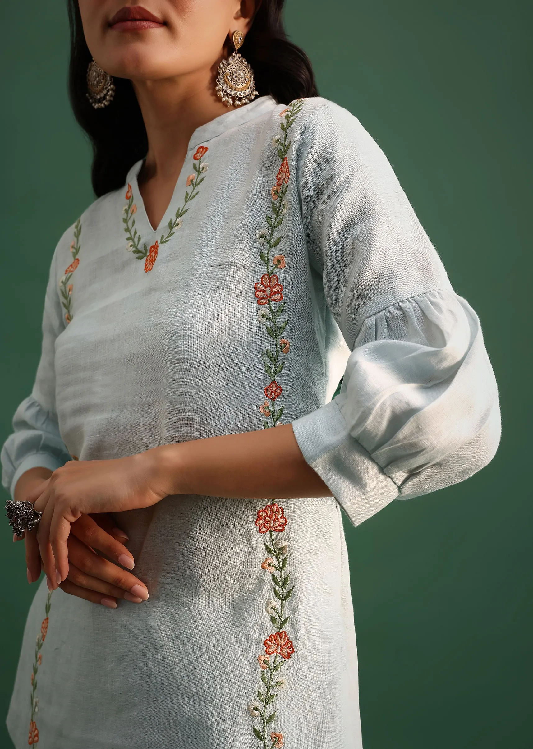 Mint Blue Linen Co ord Set With Resham Work