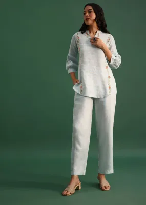 Mint Blue Linen Co ord Set With Resham Work