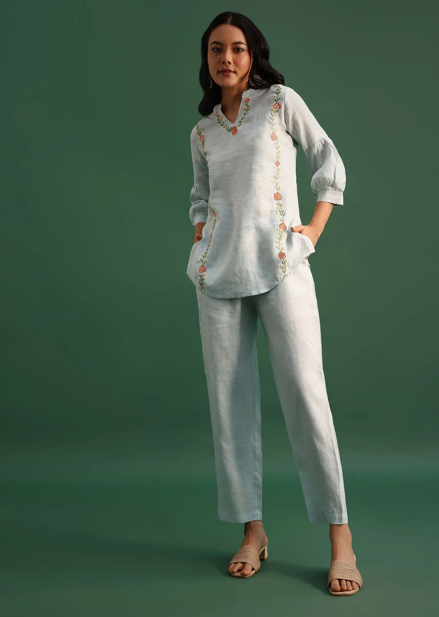 Mint Blue Linen Co ord Set With Resham Work