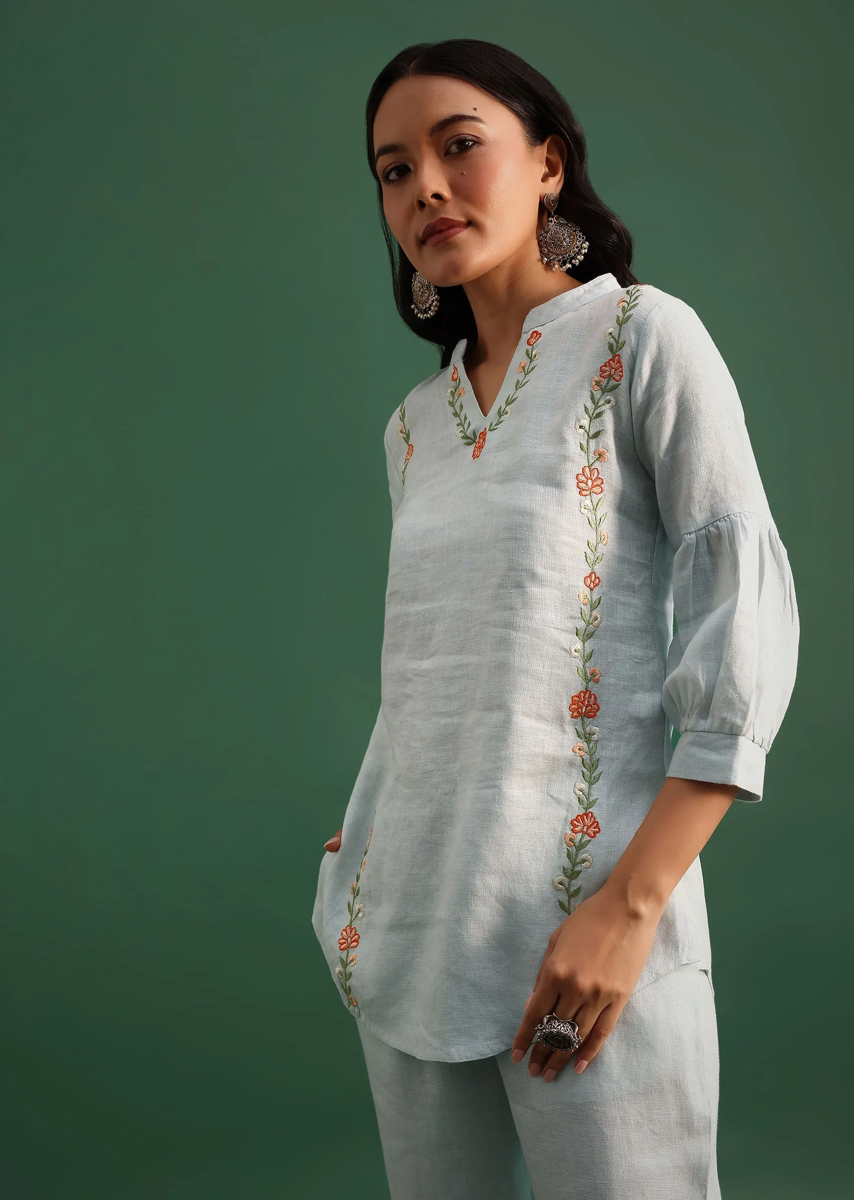 Mint Blue Linen Co ord Set With Resham Work