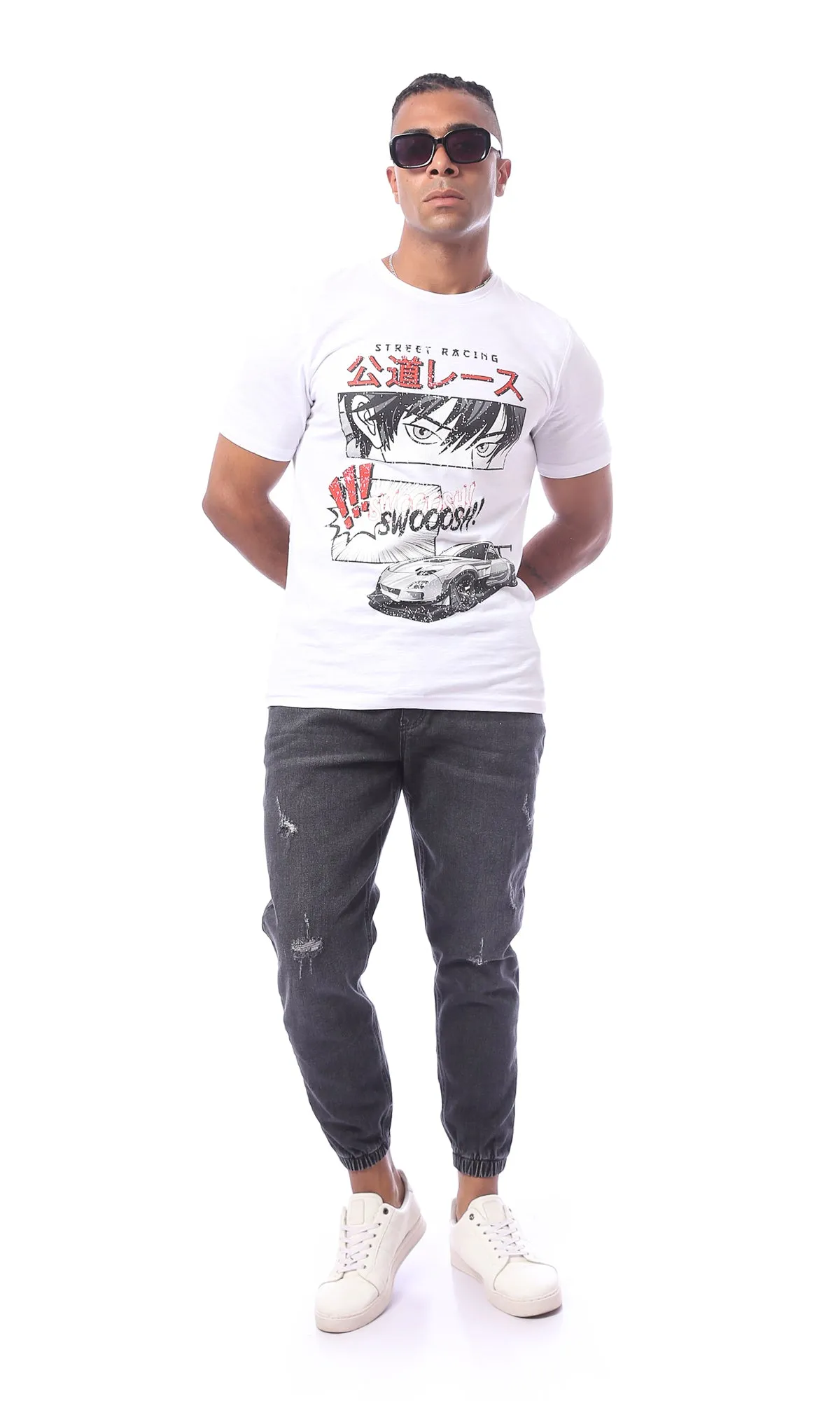 O163642 White Slip On Printed Rounded Neck Summer Tee