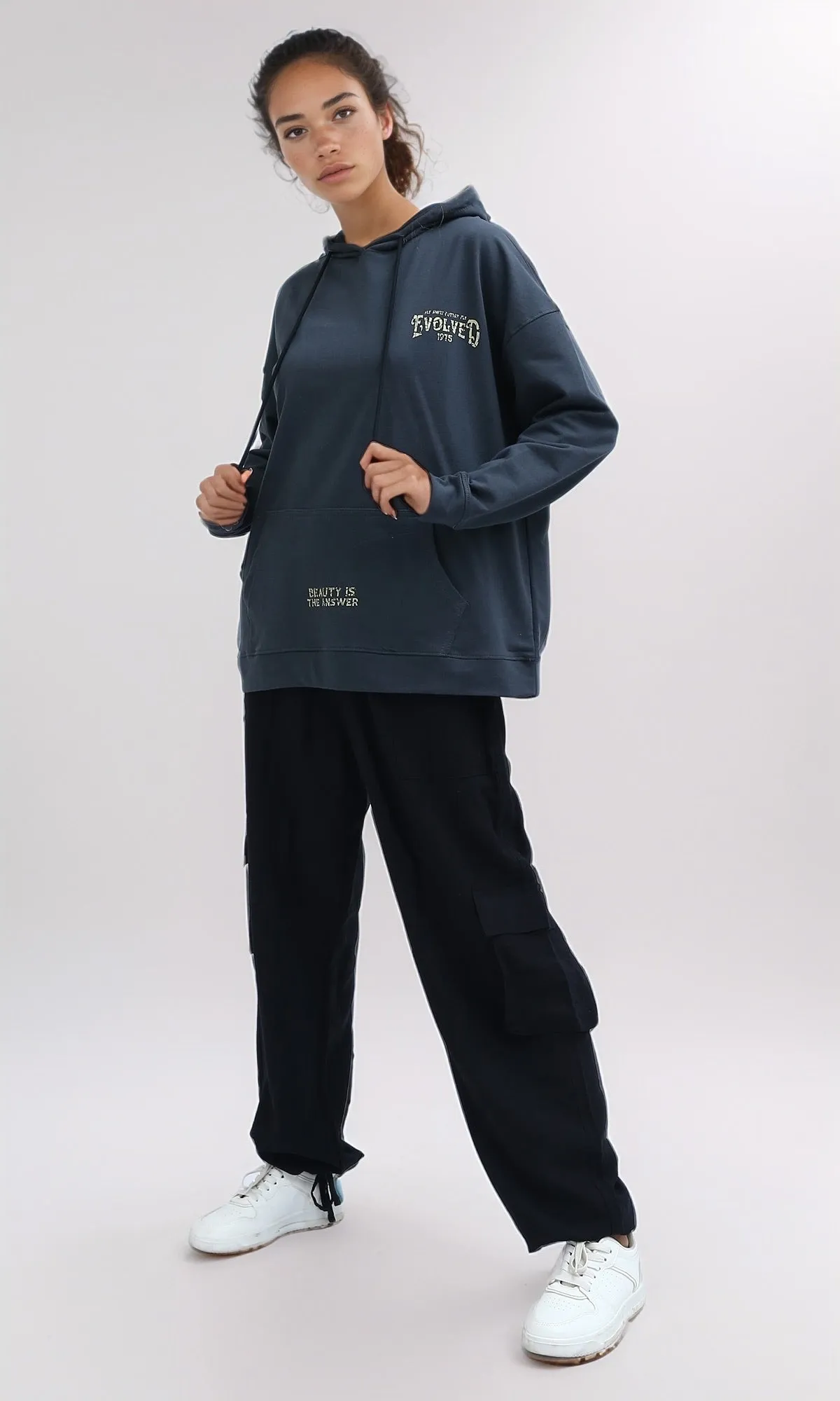 O199100 - Printed Slip On Dark Grey Casual Hoodie