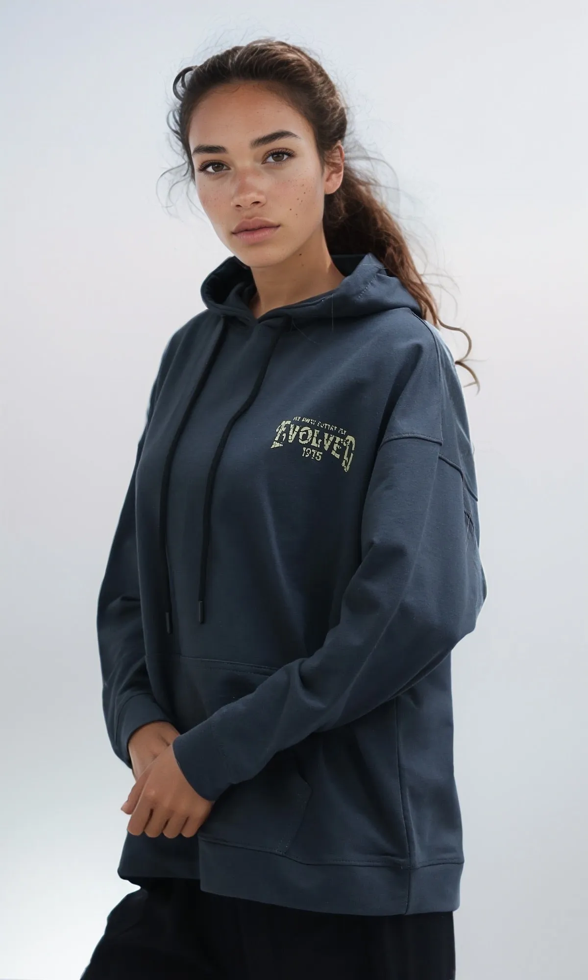 O199100 - Printed Slip On Dark Grey Casual Hoodie