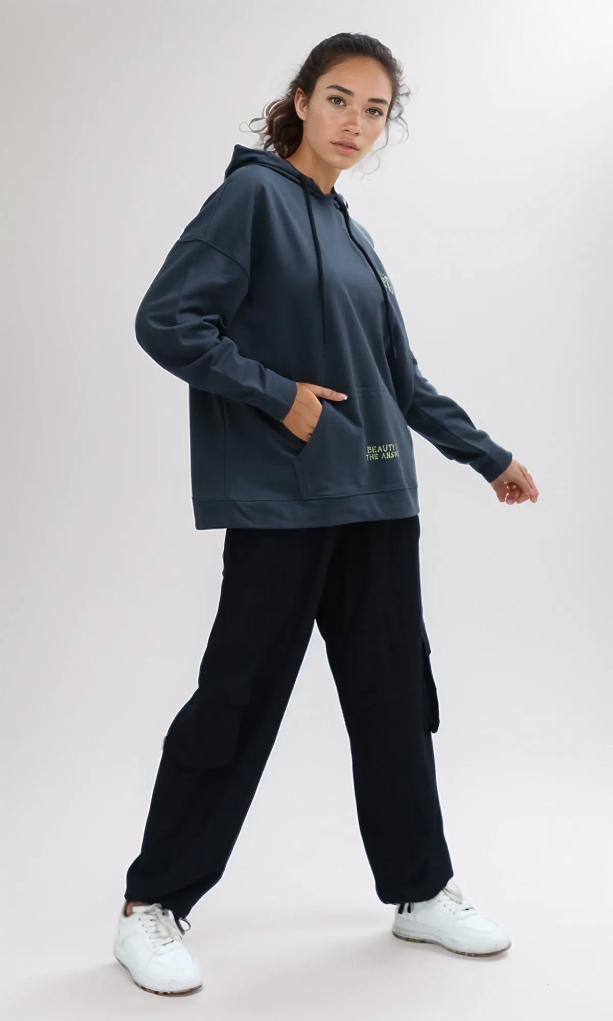 O199100 - Printed Slip On Dark Grey Casual Hoodie