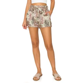Paper Bag Waist with Self Tie Belt Linen Shorts - Sage Palm