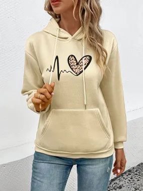 Perfee Dropped Shoulder Front Pocket Heart Graphic Hoodie