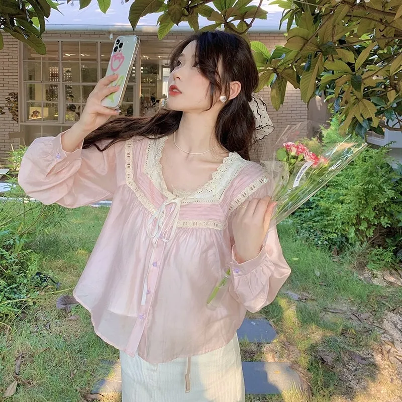 Pink Vintage Lace Bow Lolita Blouse
