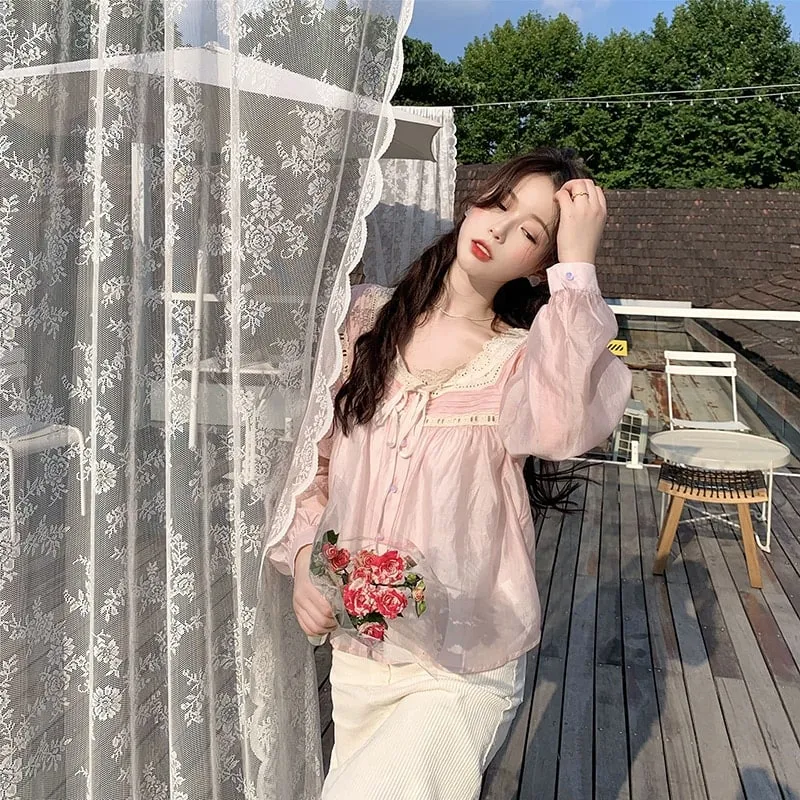 Pink Vintage Lace Bow Lolita Blouse