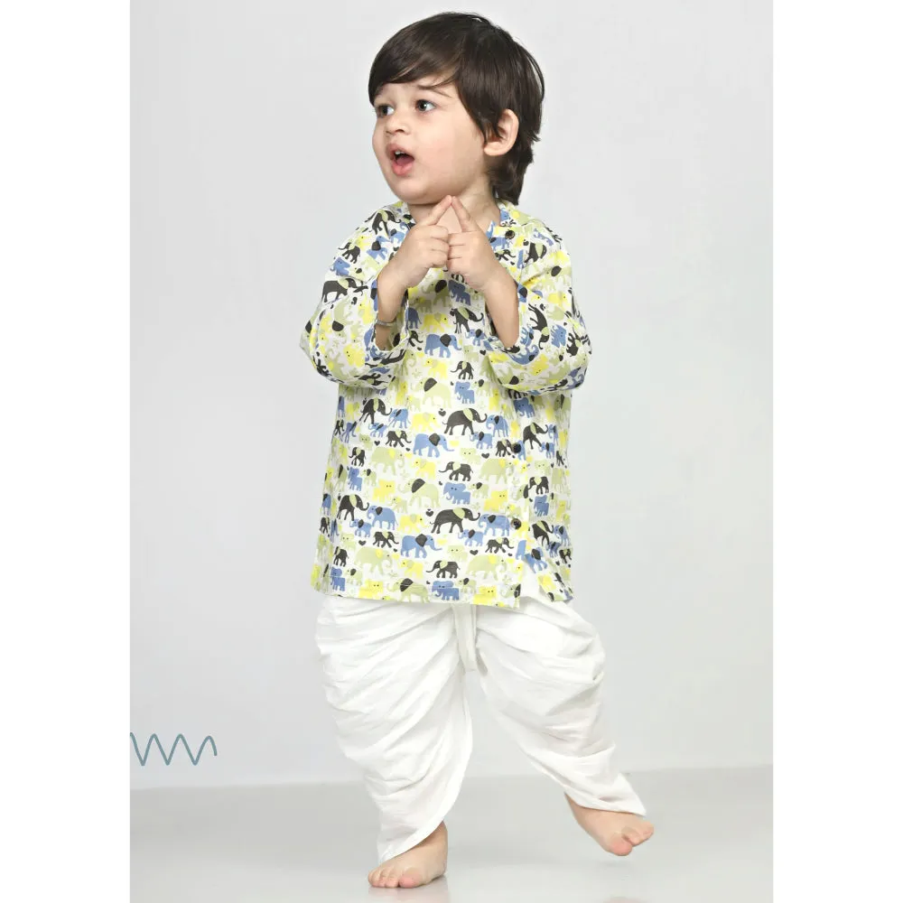Polka Tots Dhoti Kurta Set for Boys 100% Super Soft Cotton Traditional Ethnic Wear For Kids Elephant White