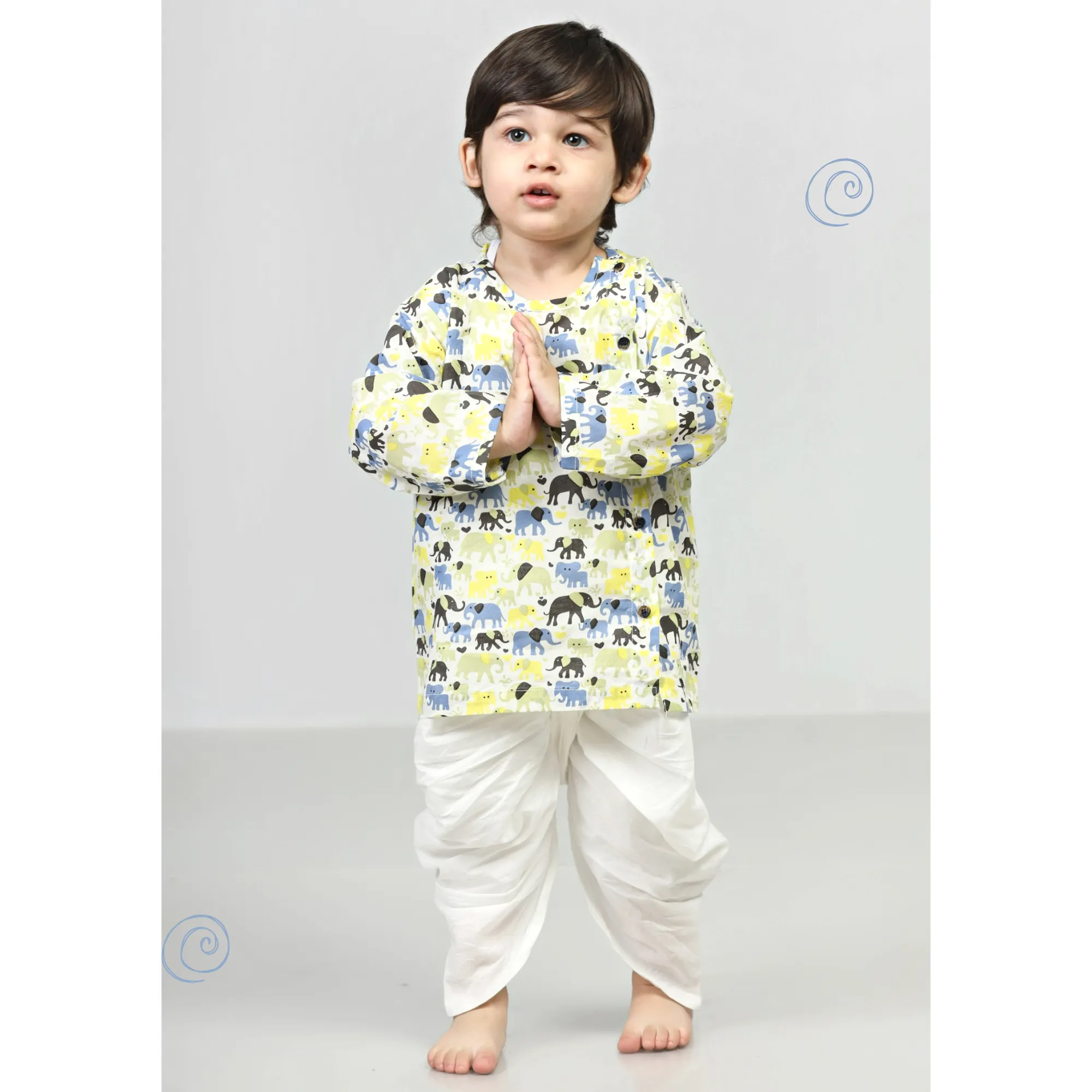 Polka Tots Dhoti Kurta Set for Boys 100% Super Soft Cotton Traditional Ethnic Wear For Kids Elephant White
