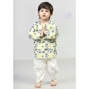 Polka Tots Dhoti Kurta Set for Boys 100% Super Soft Cotton Traditional Ethnic Wear For Kids Elephant White