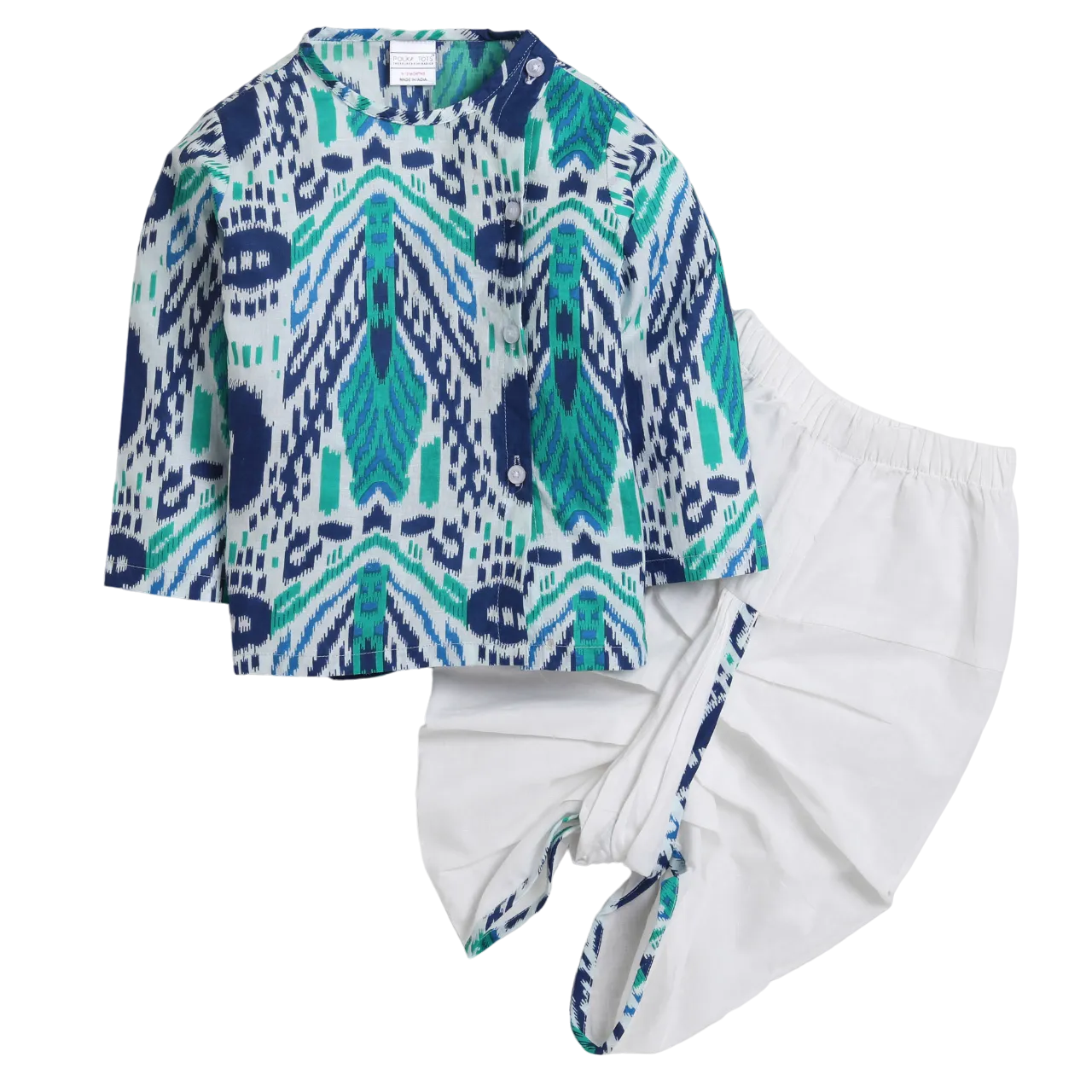 Polka Tots Dhoti Kurta Set for Boys 100% Super Soft Cotton Traditional Ethnic Wear For Kids Peacock Print  - White