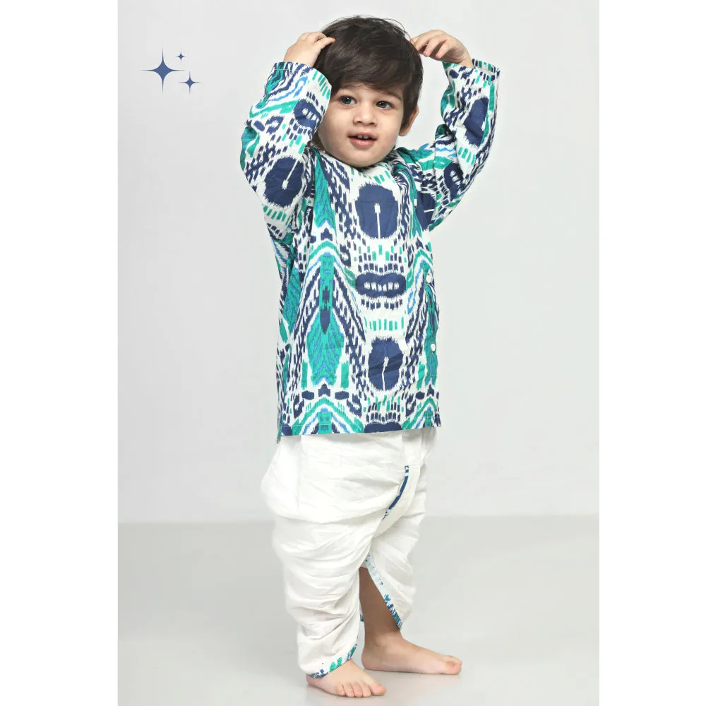 Polka Tots Dhoti Kurta Set for Boys 100% Super Soft Cotton Traditional Ethnic Wear For Kids Peacock Print  - White