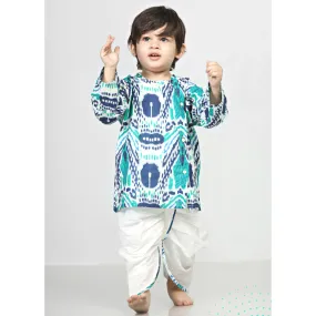 Polka Tots Dhoti Kurta Set for Boys 100% Super Soft Cotton Traditional Ethnic Wear For Kids Peacock Print  - White