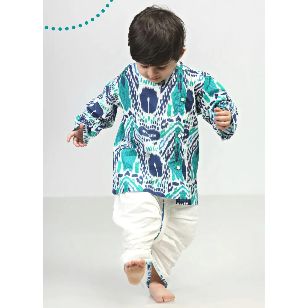Polka Tots Dhoti Kurta Set for Boys 100% Super Soft Cotton Traditional Ethnic Wear For Kids Peacock Print  - White