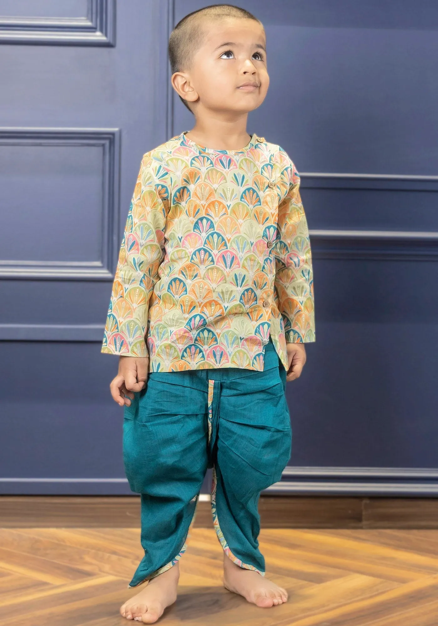 Polka Tots Full Sleeves Floral Print Angrakha with Dhoti - Blue