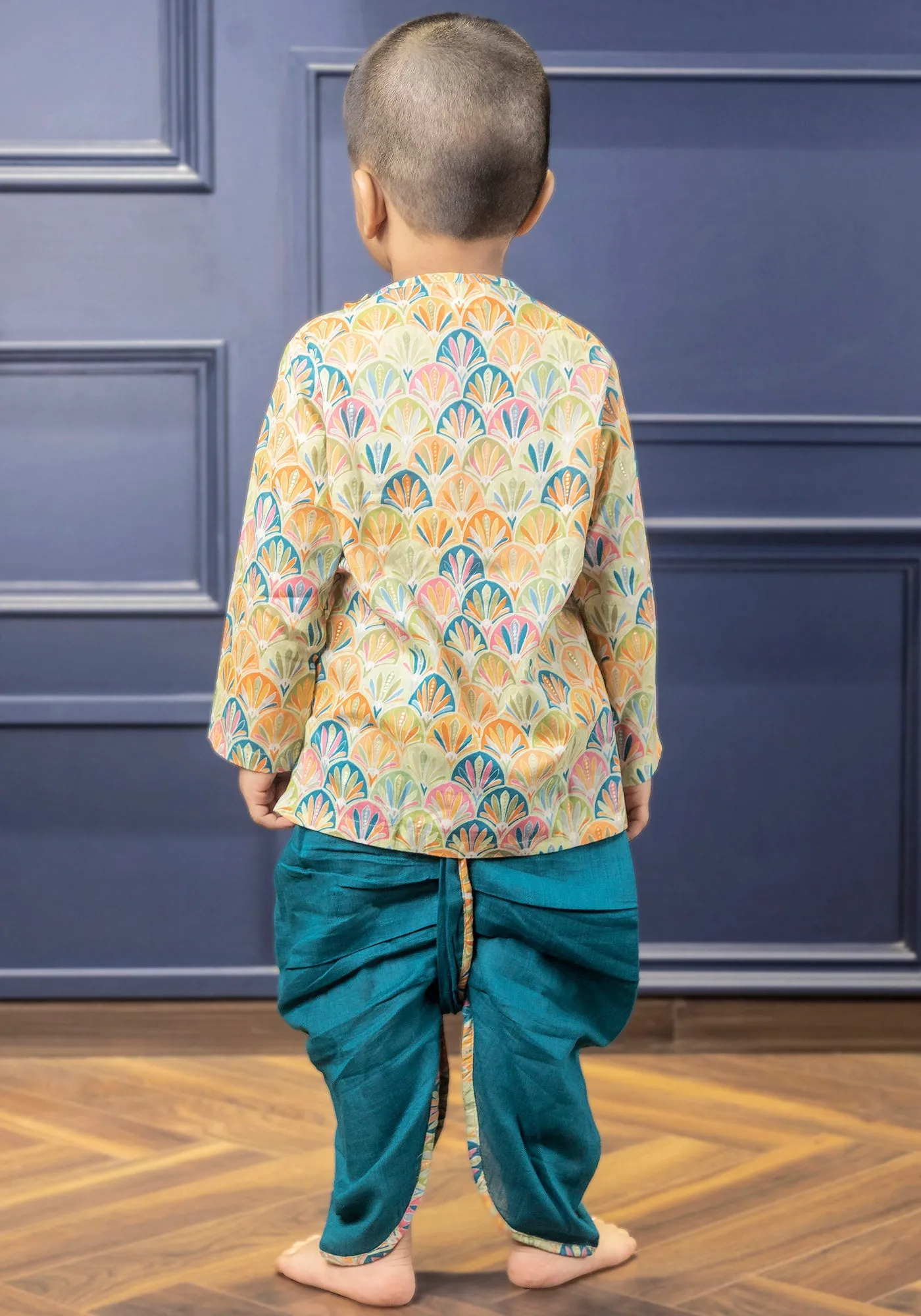 Polka Tots Full Sleeves Floral Print Angrakha with Dhoti - Blue