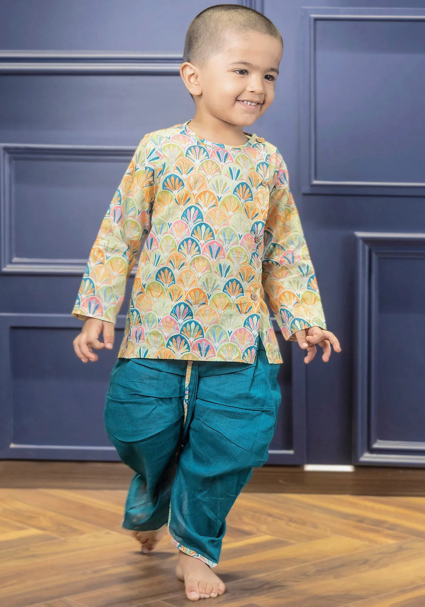Polka Tots Full Sleeves Floral Print Angrakha with Dhoti - Blue