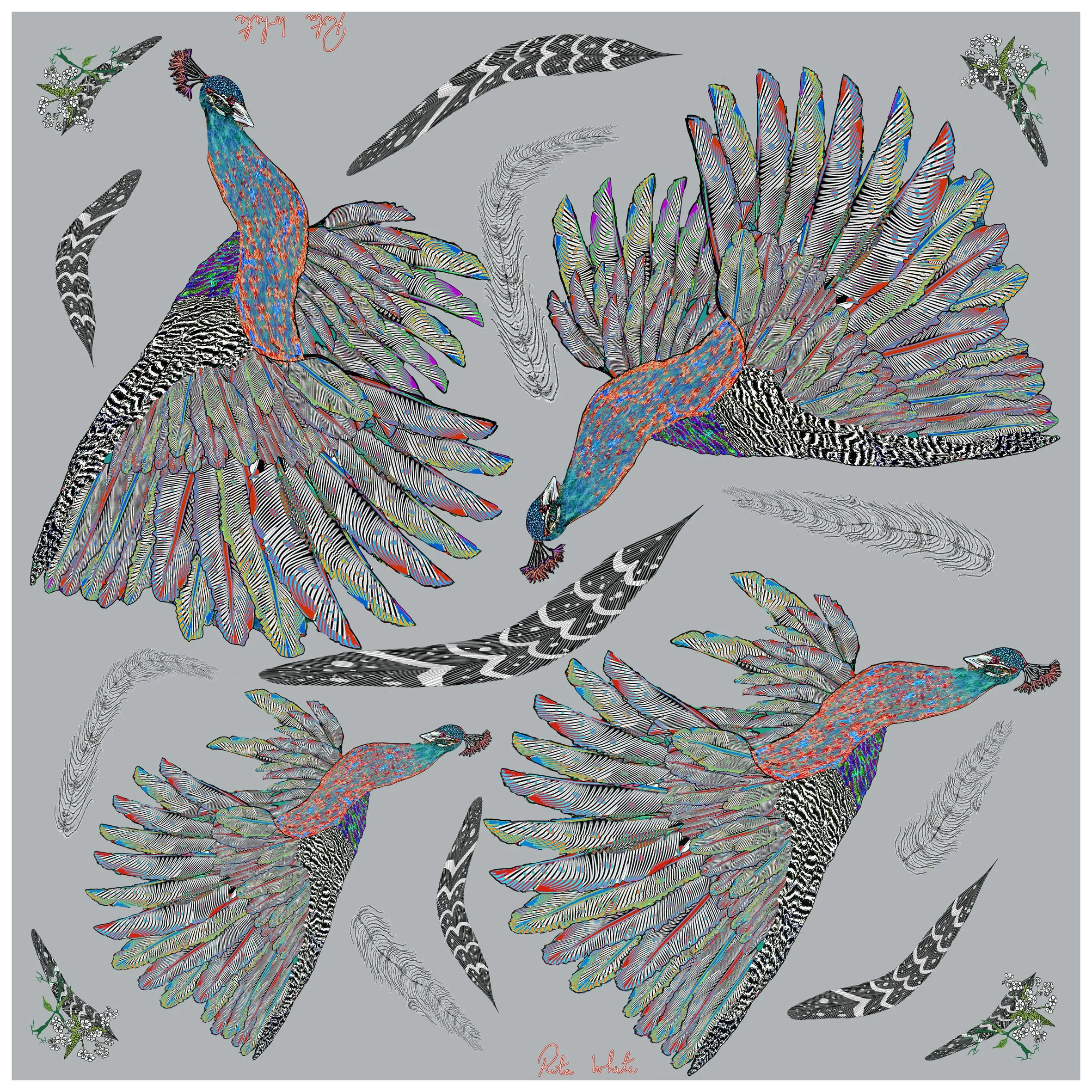 Proud Peacock Feathers in Grey, 100% Silk Scarf , Large Square