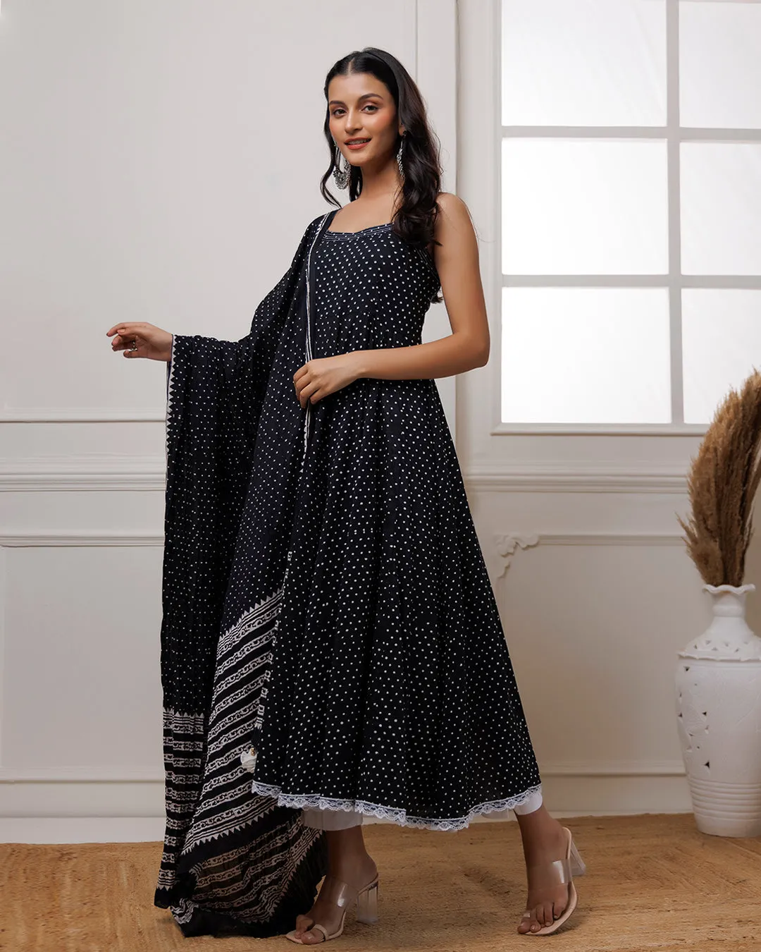 Qala Black Polka Dot Block Printed Anarkali Suit Set