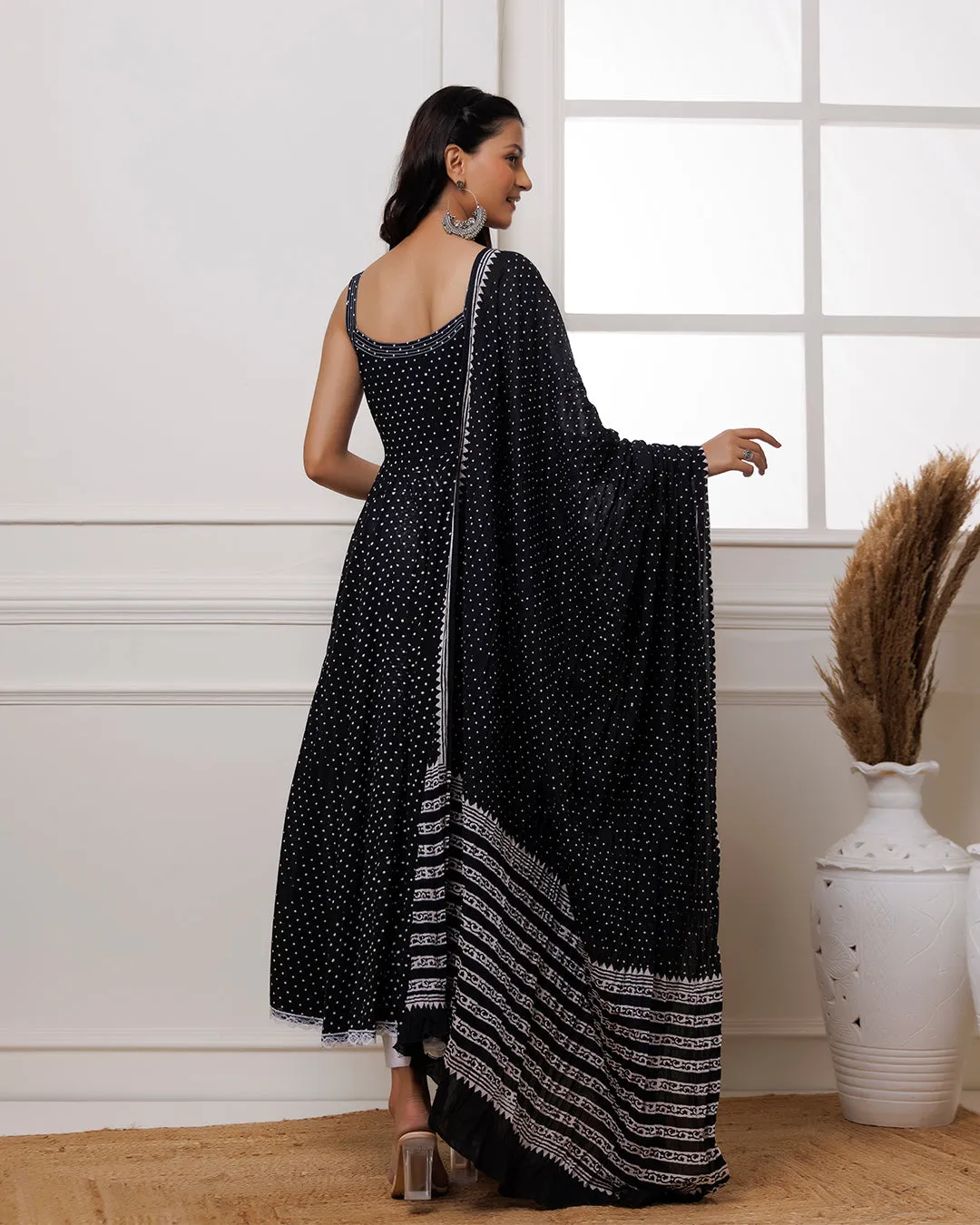 Qala Black Polka Dot Block Printed Anarkali Suit Set