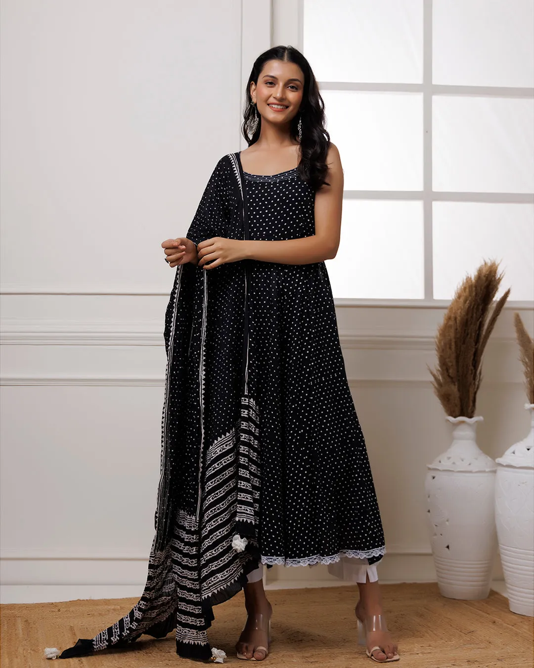 Qala Black Polka Dot Block Printed Anarkali Suit Set