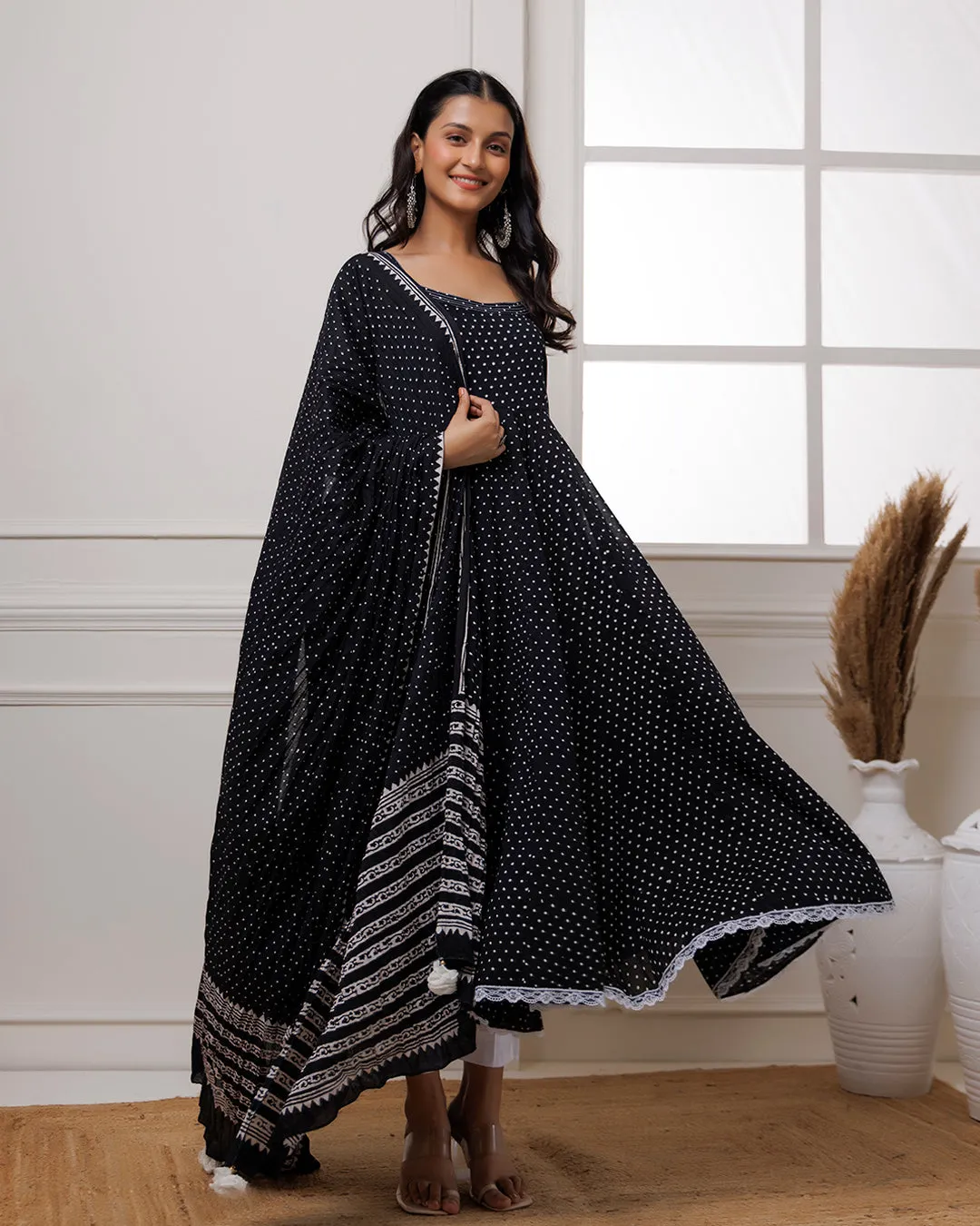 Qala Black Polka Dot Block Printed Anarkali Suit Set