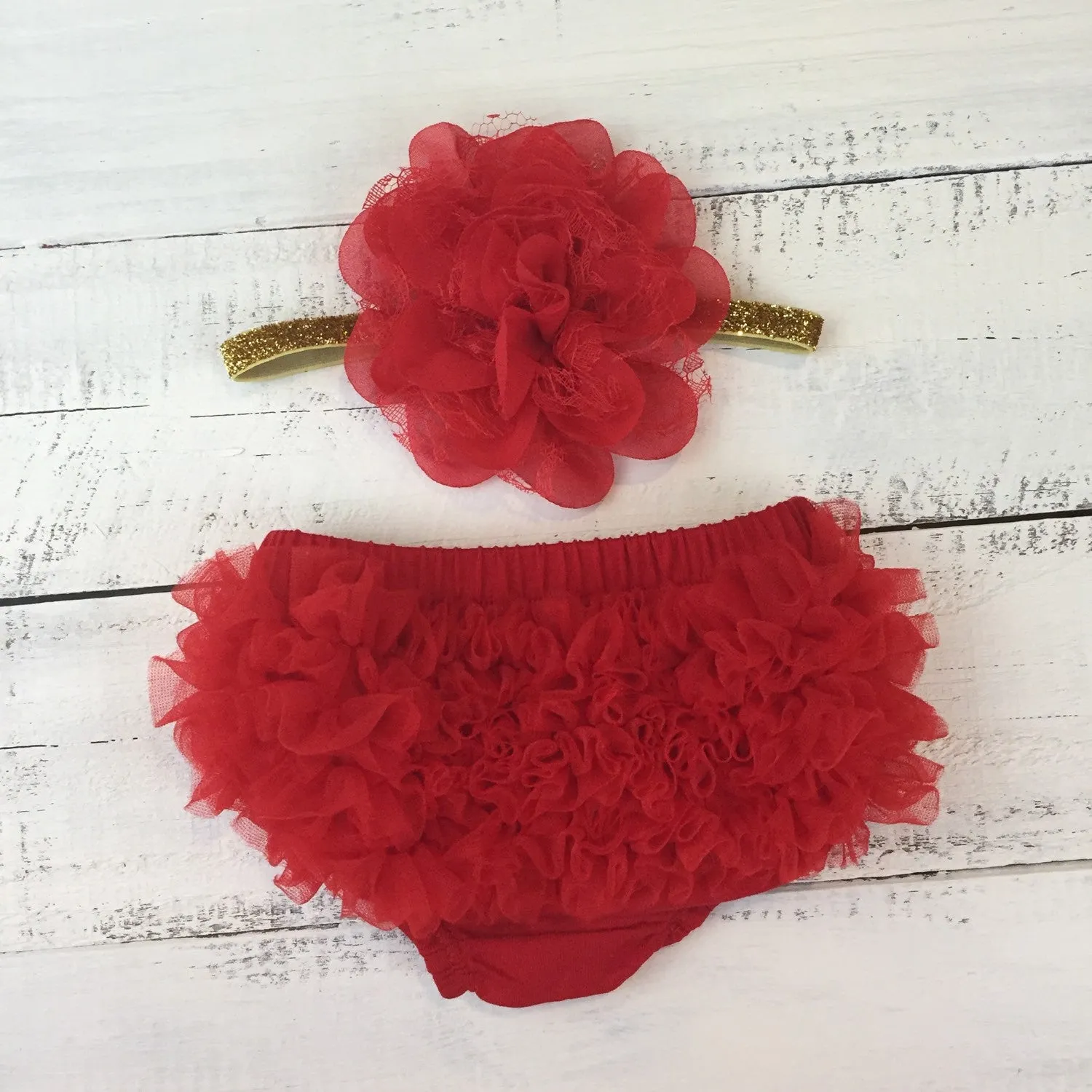 Red ruffle bottom bloomers and Silver/Gold flower headband