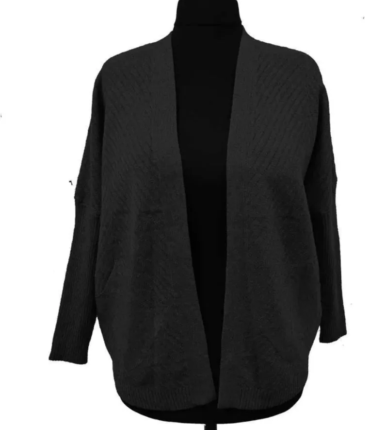 Ribbed Detail Hip Long Open Front Cardigan