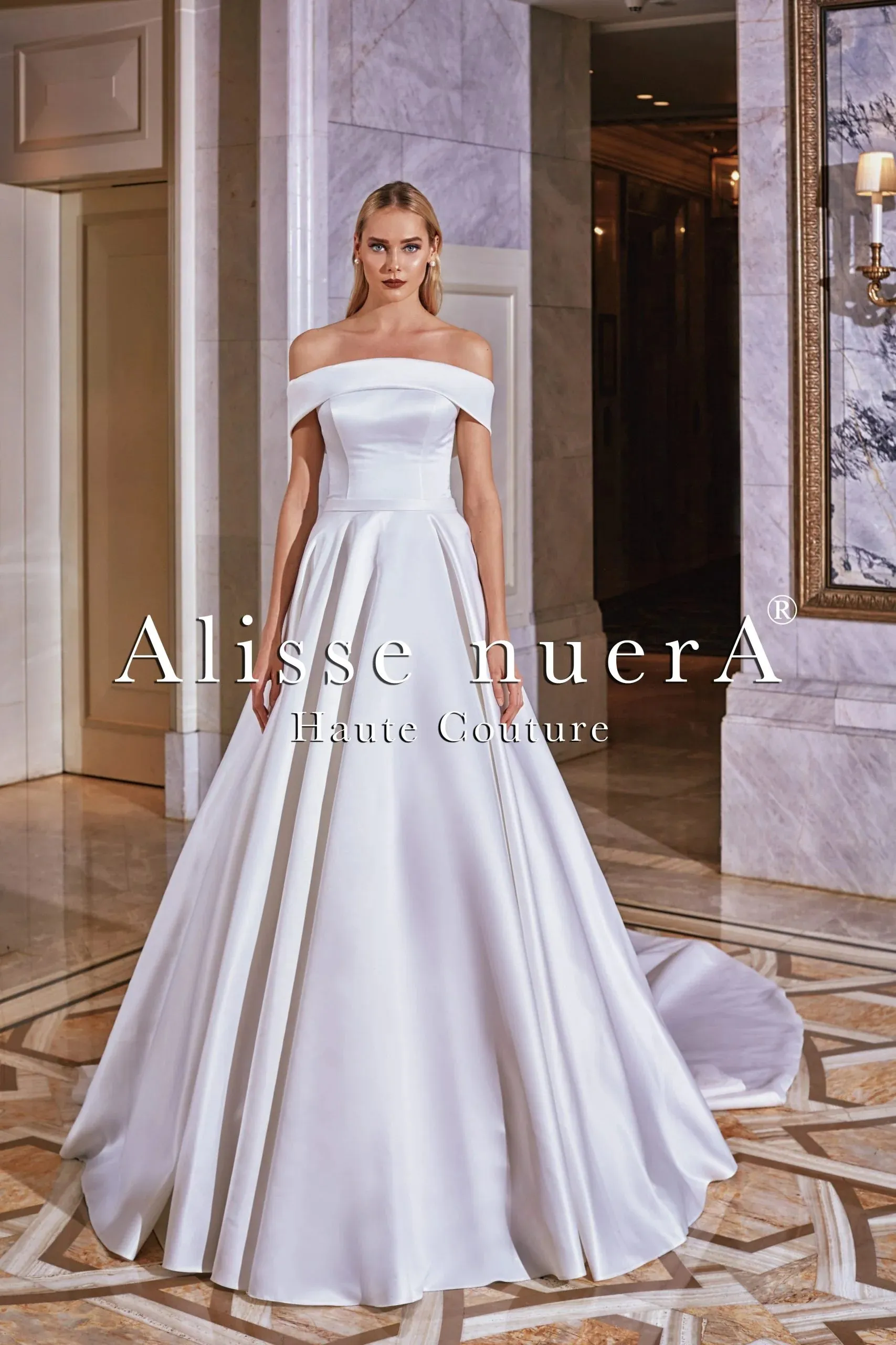 Satin Straight Off Shoulder Elegant Bridal Dress with Royal Train